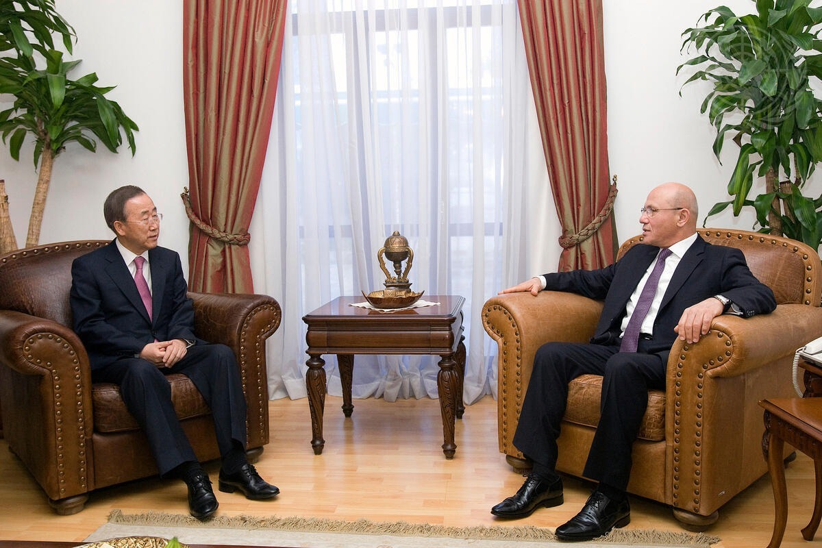 Secretary-General Ban Ki-moon (left) meets with Turkish Cypriot leader Mehmet Ali Talat in Cyprus' capital, Nicosia. Photo Credit: Credit UN Photo/Eskinder Debebe